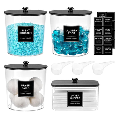 Laundry Pods Container & Dryer Sheet Holder, Laundry Room Organization and Storage Jars with Lids, Labels & Scoops for Powder Detergent Scent Booster, Black Lid