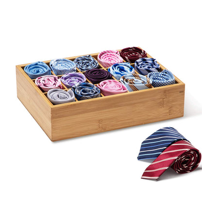 GOBAM Bamboo Closet Drawer Divider - Storage Organizer with 15 Compartments, Drawer Organizer, Storage Box for Belts, Ties, Bras, Briefs, Socks & Jewelry - Natural