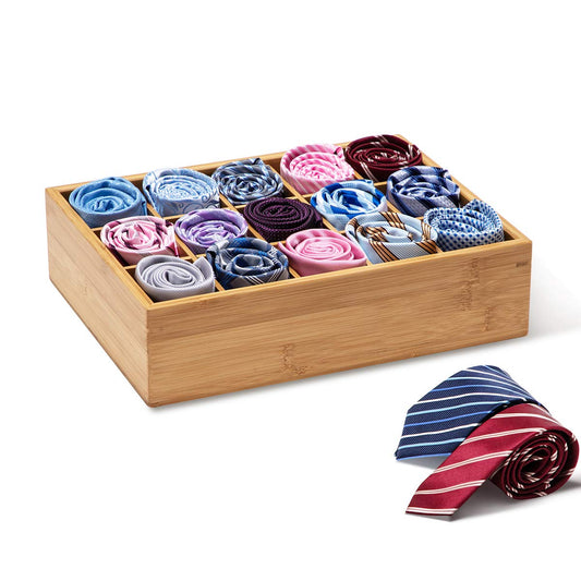 GOBAM Bamboo Closet Drawer Divider - Storage Organizer with 15 Compartments, Drawer Organizer, Storage Box for Belts, Ties, Bras, Briefs, Socks & Jewelry - Natural