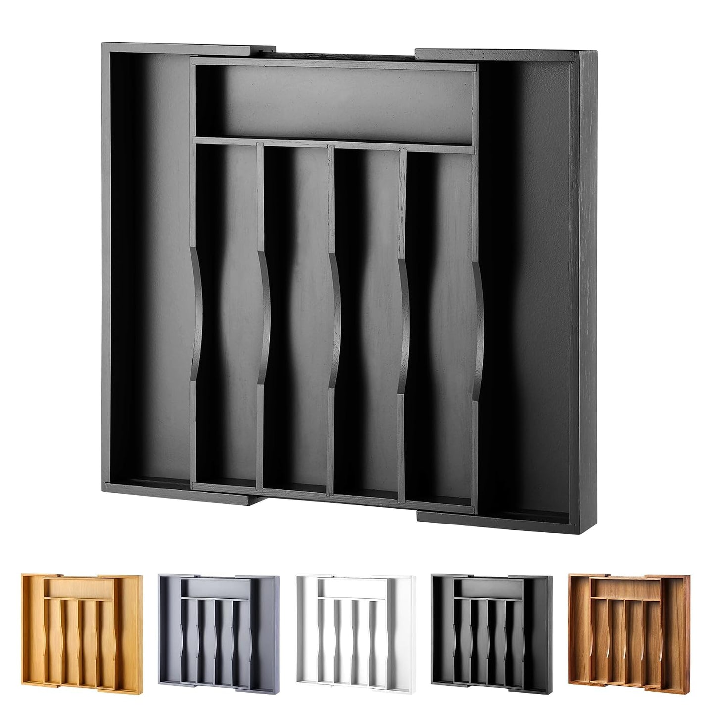 Expandable Bamboo Kitchen Drawer Organizer for Cutlery and Utensils, Adjustable Bamboo Wood Cutlery Tray in Drawer for Flatware and Silverware in Kitchen, (Black)