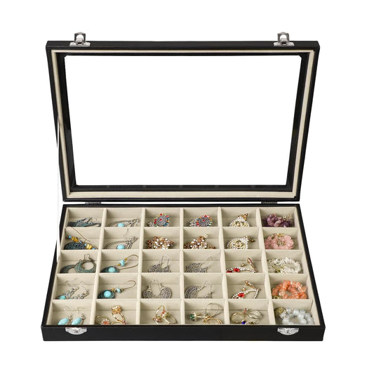 Stratalife 30 Grid Earring Organizer, Jewelry Holder Organizer with Lid | PU Leather Storage Box for Earring, Ring, Studs and Trinkets, Soft Velvet Drawer Organizer for Women, Dustproof, Beige Black