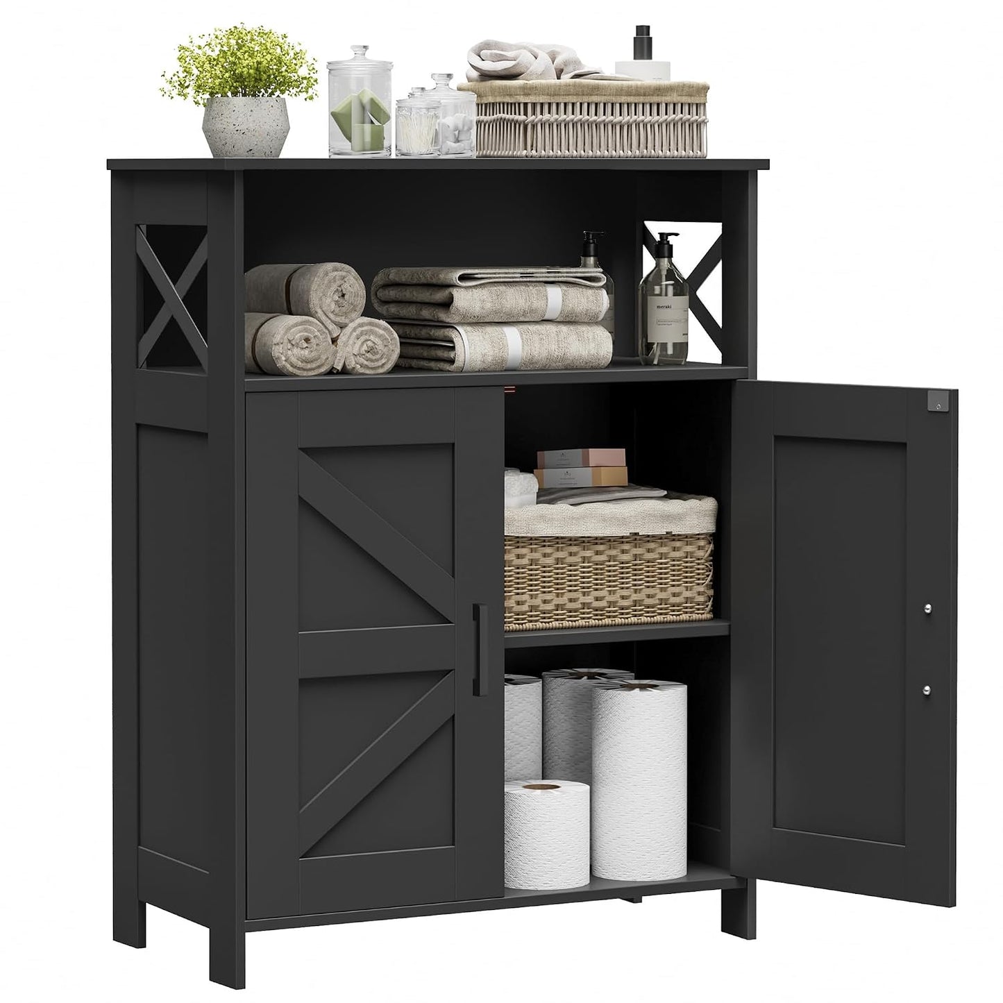 Farmhouse Bathroom Storage Cabinet with Doors, Small Floor Cabinet | Toilet Paper Cabinet with Adjustable Shelf, Freestanding Storage Cabinet for Kitchen/Laundry/Living Room, 24"W, Black