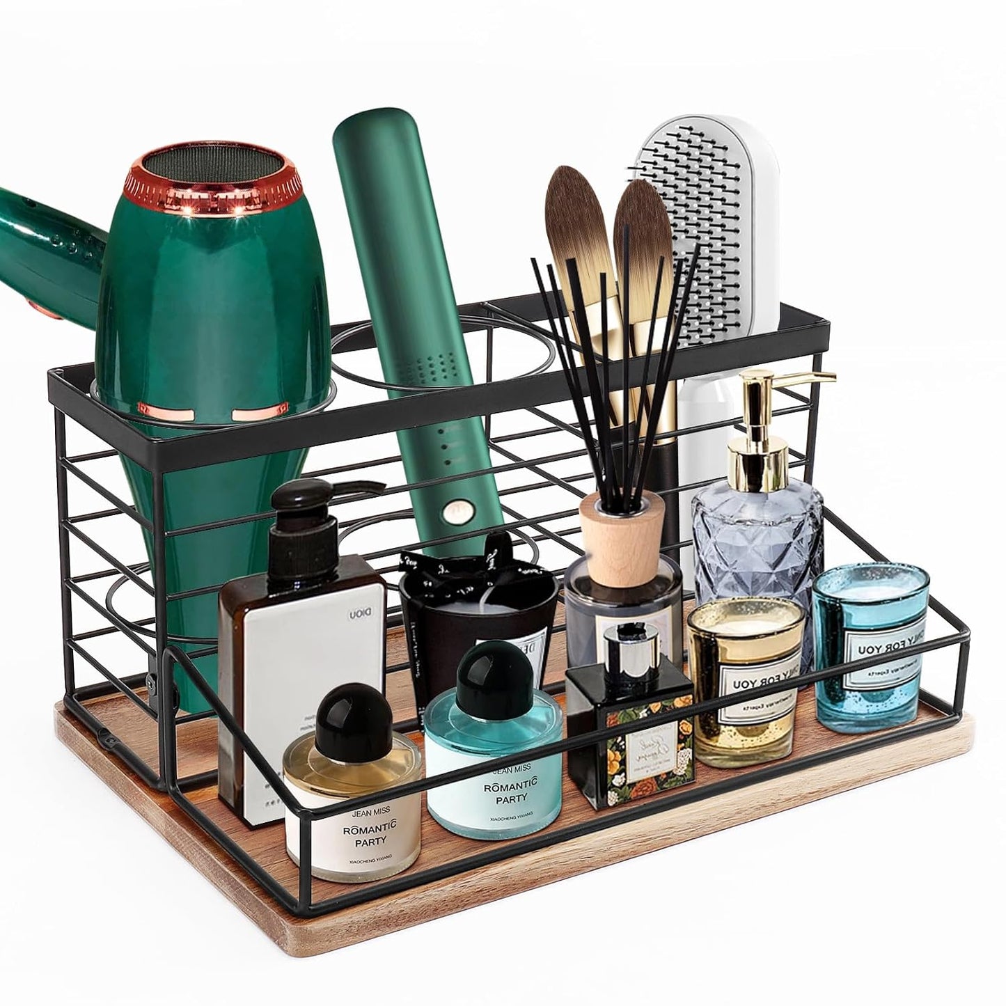 Hair Tool Organizer, Movable Hair Dryer Holder, Hair Styling Tools Storage for Vanity, Bath Counter Organizer, Bathroom Trays for Hair Toiletry, Makeup (12" x 7.7" x 5.8", Wood-Black)