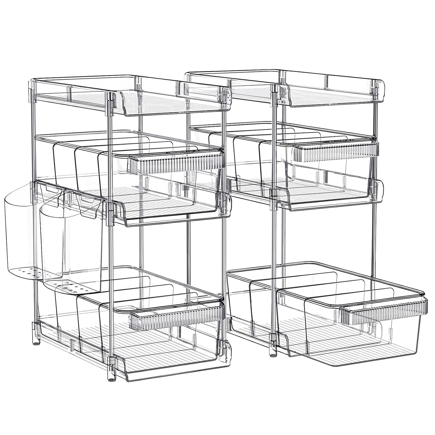 WAKISA 2Pcs Pull Out Organizer and Storage with Cups and Removable Dividers | Slide Out Drawer Storage Containers for Bathroom, Kitchen and Under-Sink Organization with 2 Cups and 6 Removable Dividers