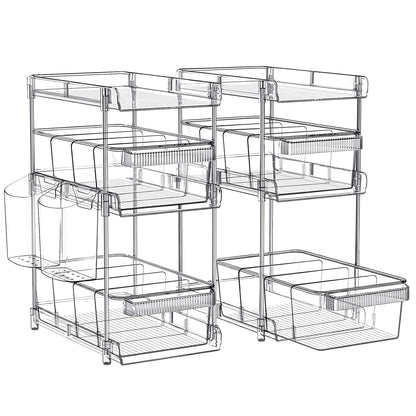 WAKISA 2Pcs Pull Out Organizer and Storage with Cups and Removable Dividers | Slide Out Drawer Storage Containers for Bathroom, Kitchen and Under-Sink Organization with 2 Cups and 6 Removable Dividers