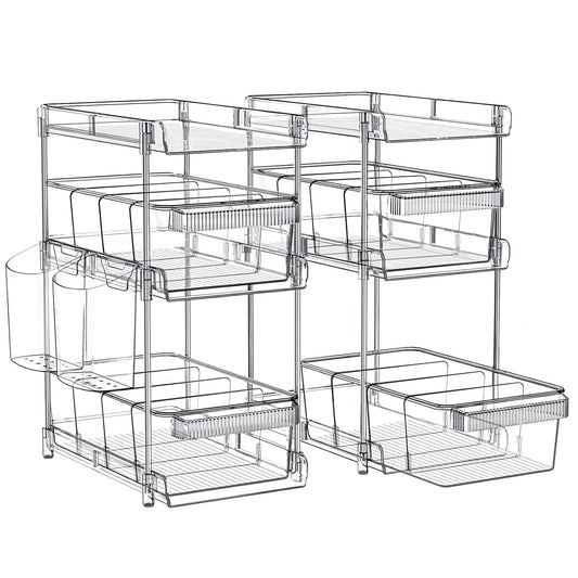 WAKISA 2Pcs Pull Out Organizer and Storage with Cups and Removable Dividers | Slide Out Drawer Storage Containers for Bathroom, Kitchen and Under-Sink Organization with 2 Cups and 6 Removable Dividers