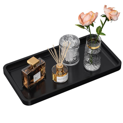 Bathroom Vanity Tray for Countertop - Bamboo Organizer Tray for Dresser Tops, Toilet, Perfume Small Decorative Tray Wood Tray for Home Decoration 11.81” L x 6.1” W x 0.79” H Black