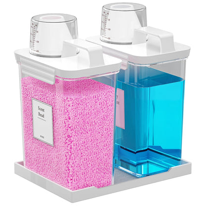 61OZ Laundry Detergent Dispenser Container, 2 Pack Liquid Laundry Dispenser, Plastic Detergent Dispensers for Laundry Powder/Fabric Softener with Tray 6 Labels, Clear