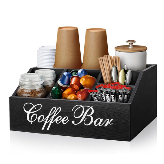Wood Coffee Station Organizer for Counter | Farmhouse Coffee Bar Organizer | Coffee Pods Holder Bar Accessories | Tea Condiment Storage Basket | Home Decor