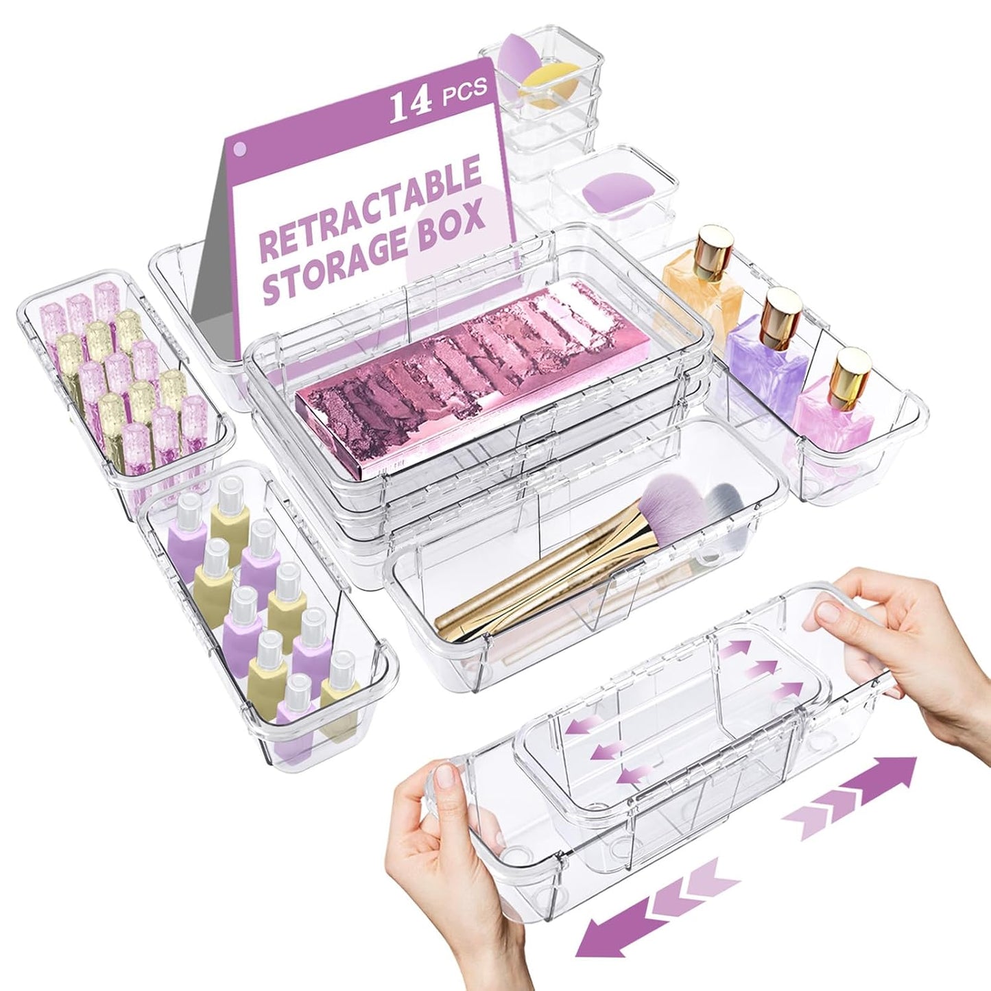 14 Pcs Clear Drawer Organizer, Adjustable Drawer Storage Box, 3-Size Desk Drawer Organizer, Acrylic Storage Bins for Makeup, Cosmetic, Kitchen Utensils, Bedroom Dressers Tool Organizer for Gadgets