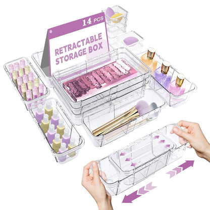 14 Pcs Clear Drawer Organizer, Adjustable Drawer Storage Box, 3-Size Desk Drawer Organizer, Acrylic Storage Bins for Makeup, Cosmetic, Kitchen Utensils, Bedroom Dressers Tool Organizer for Gadgets