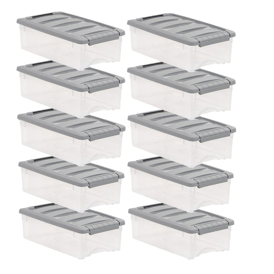 Amazon Basics Plastic Storage Containers with Secure Latching Lids, Stackable Organization Bins, Clear/Grey, 5 Quart, Set of 10