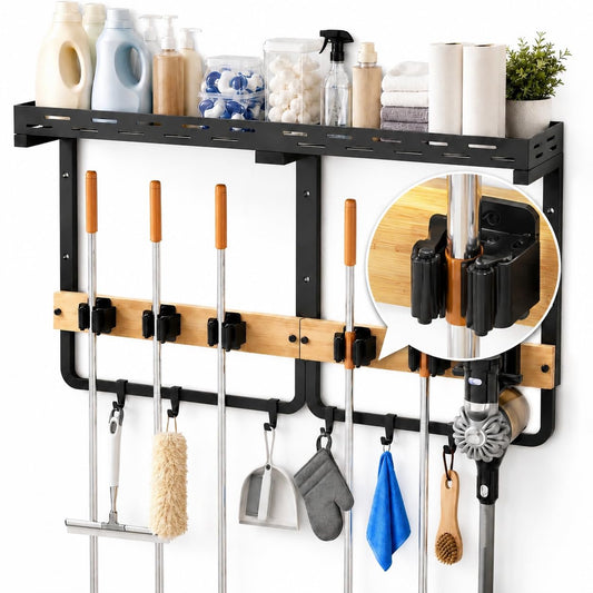 Broom Holder Wall Mount With Built-In Guardrail Shelf, Cleaning Supplies Organizer With 5 Mop Grippers, 6 Hooks And Vacuum Holder For Laundry Room Garage Pantry Kitchen
