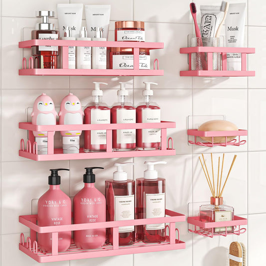 Youvip Pink Shower Caddy 6 Pack, Adhesive Shower Shelves | Pink Bathroom Decor, No Drilling, Rustproof, Large Capacity, 6 Adhesives, 24 Built-in Hooks, Dorm Apartment