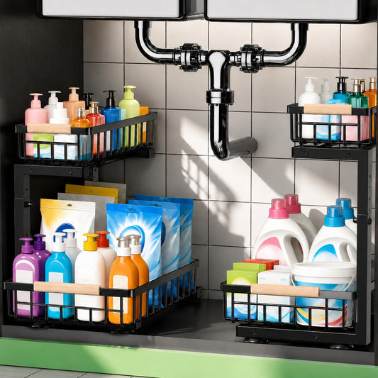 Under Sink Organizer, Pull Out Kitchen Storage Cab... (Black)