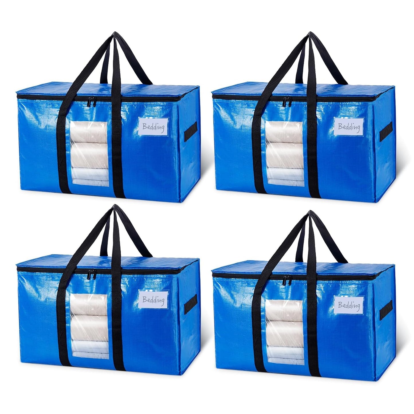 TAILI Extra Large Moving Bags, 4 Pack Blue Heavy Duty Totes For Storage with Visible Window, Wrap Around Handles, Storage Bags for Space Saving, Alternative to Moving Boxes