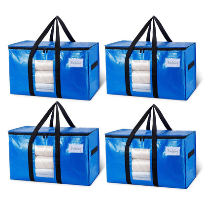 TAILI Extra Large Moving Bags, 4 Pack Blue Heavy Duty Totes For Storage with Visible Window, Wrap Around Handles, Storage Bags for Space Saving, Alternative to Moving Boxes