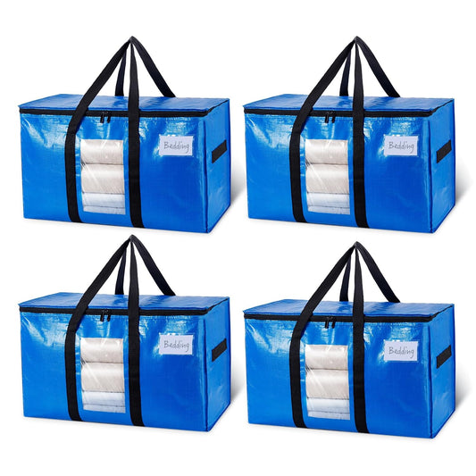 TAILI Extra Large Moving Bags, 4 Pack Blue Heavy Duty Totes For Storage with Visible Window, Wrap Around Handles, Storage Bags for Space Saving, Alternative to Moving Boxes