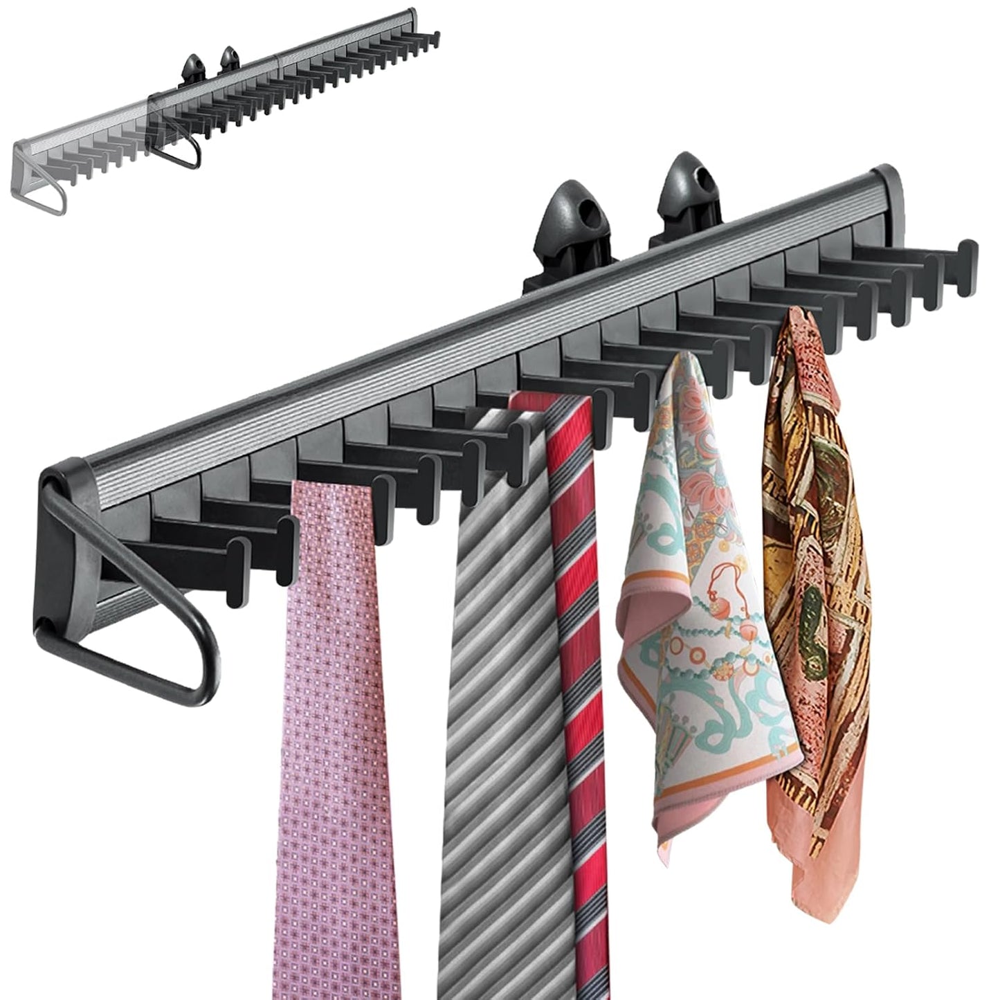Sliding Tie Rack Hanger for Closet, 20 Tie Pull Out Belt Rack Organizer | Aluminum Alloy Side Mounted Tie Organizer for Closet, Extending Belt Holder Hanger with 20 Hooks for Scarves Ties Belts Shawl