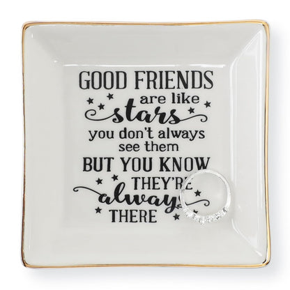 Good Friends Bestie Birthday Gifts for Women Her Ring Trinket Dish Jewelry Tray-Good Friends are Like Stars - You Don't Always See Them But You Know They're Always There, Friendship Gifts