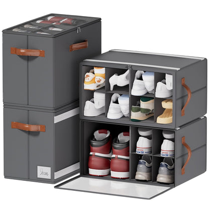 Shoe Organizer for Closet, Fits 32 Pairs, Gray, 4 Pack | Space Saving, Adjustable Dividers, Clear Cover, Reinforced Handles, Stackable & Foldable Farbic Shoe Storage Organizer Box