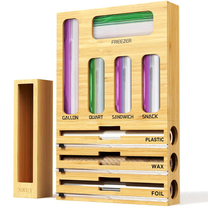 9 IN 1 Bamboo Foil and Plastic Wrap Organizer for Kitchen Drawer, Plastic Bag Organizer Organization and Storage, Food Storage Bag Organizer with Labels for Quart Gallon Snack Sandwich Bag