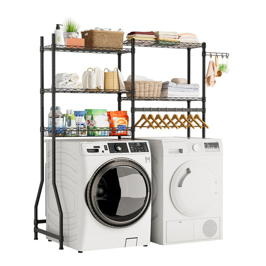 Laundry Organizer Shelves Over the Washer and Dryer Storage Shelf | Heavy Duty Laundry Room Organization Clothes Drying Rack Adjustable Height Wire Shelving and Wire Basket with Hanger Rod