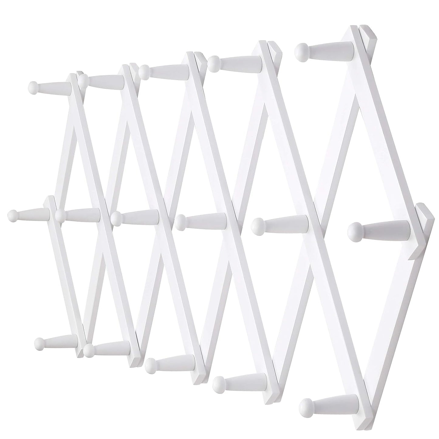 Accordian Wall Hanger: 16” High Wooden Wall Expandable Coat Rack, Hat Rack Holder, Accordion Hook for Baseball Caps, Coats, Mugs, 16 Peg Hooks, White