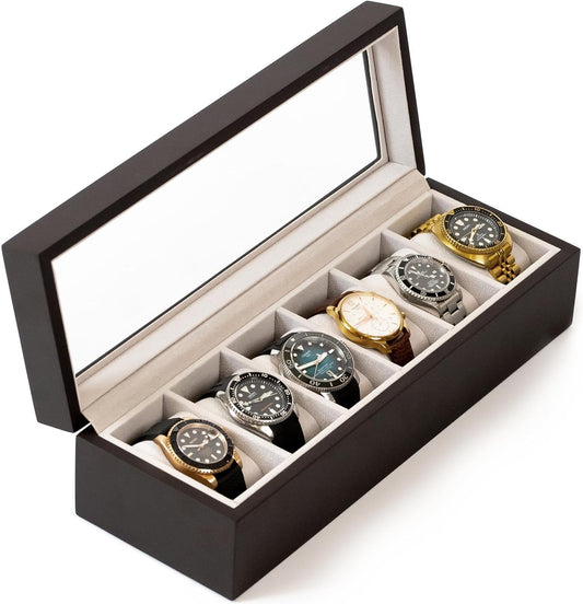 6-Slot Wood Watch Box with Glass Top - Espresso (6 Count | Espresso | Wood)