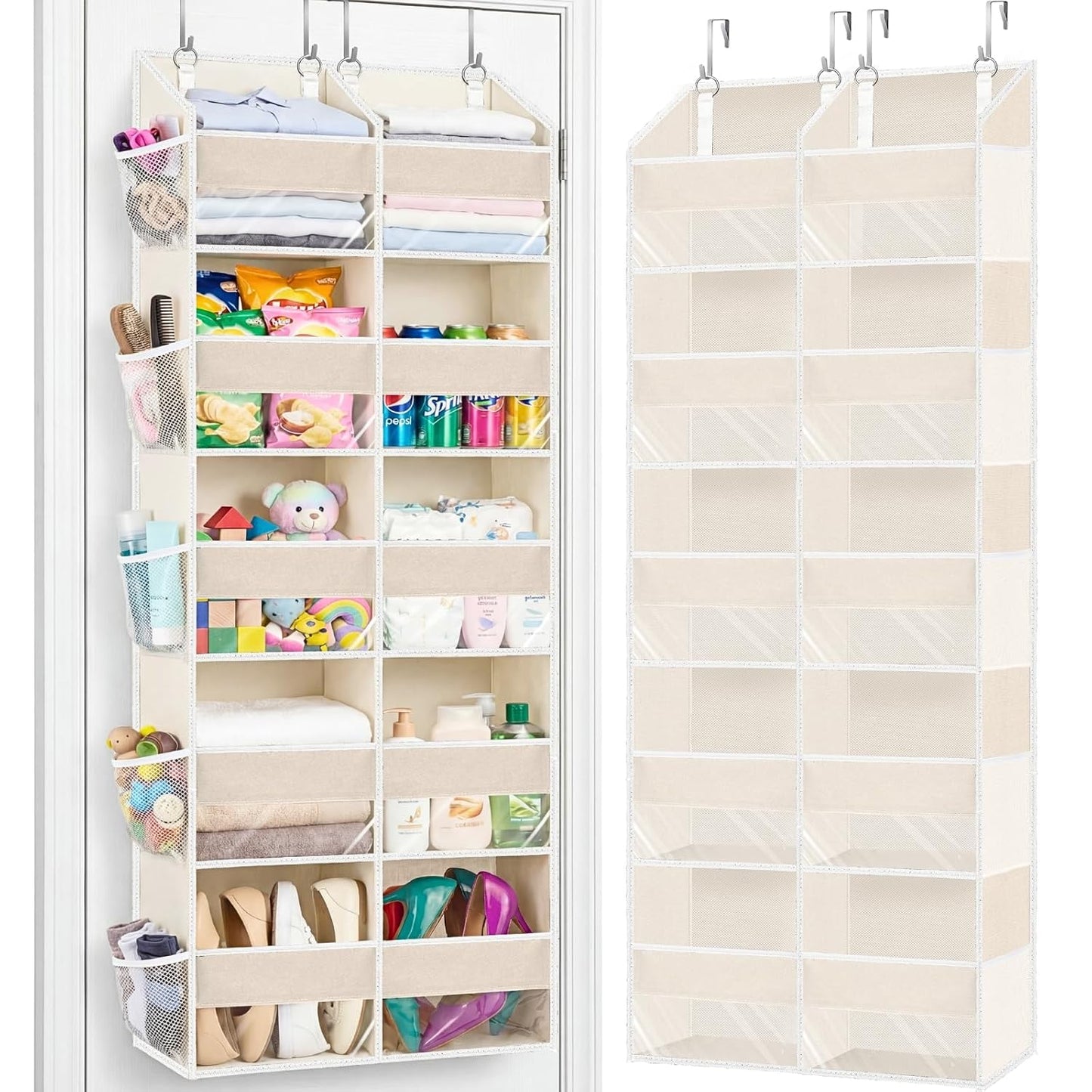 Over the Door Organizer 5 Tiers,Extra Large Behind Door Storage of 10 Compartments,80 lbs Weight Capacity Over the Door Storage, Door Hanging Organizer for Closet, Diaper Organizer, Beige