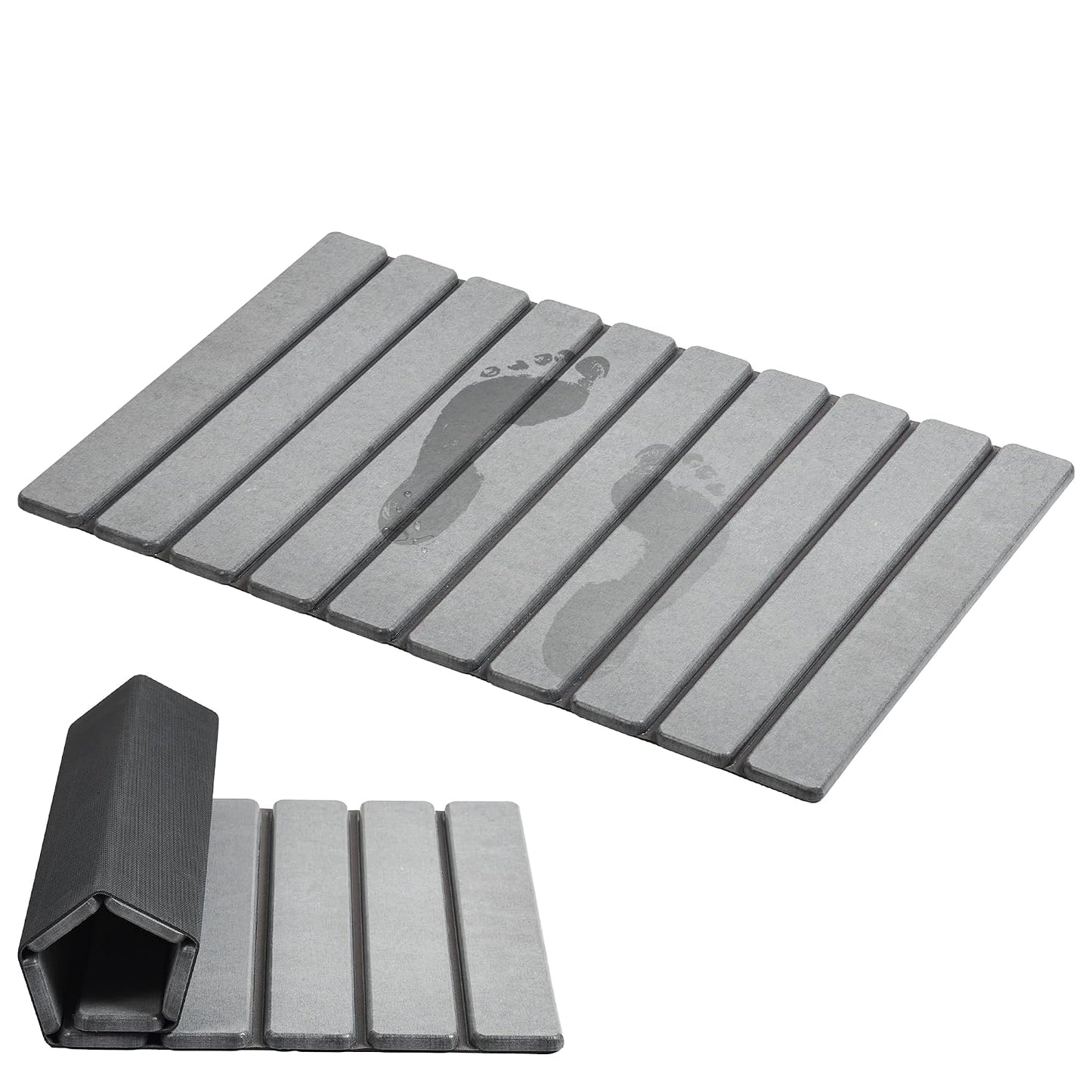 AWW Foldable Stone Bath Mat, Diatomaceous, 23.6"x15.5", Grey | Quick-dry surface, super absorbent, easy-clean finish, non-slip mat included, and compact storage for small bathrooms