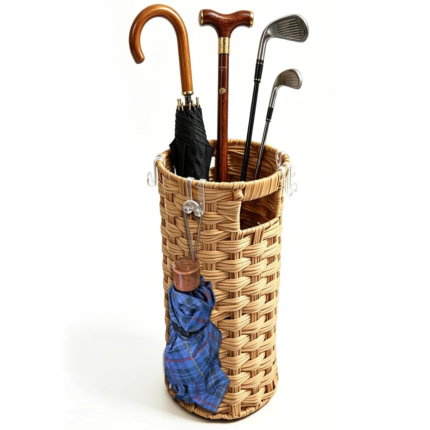 Rattan Umbrella Stand with Drip Tray - Hand Woven Entryway Umbrella Holder | Freestanding Small Rattan Rack Organizer with 4 Hooks for Folding Umbrellas & Canes, 7.5"L x 7.5"W x 16.5"H