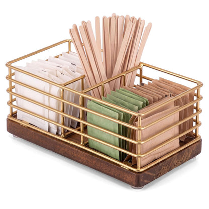 Sugar Packet Holder, Sugar Caddy, Farmhouse Metal Tea Bag Organizer, Stirrers Straws Small Condiments Packet Container for Coffee Bar, Kitchen Office Home 5.7" x 3.1" x 2.4"(Rustic Gold)