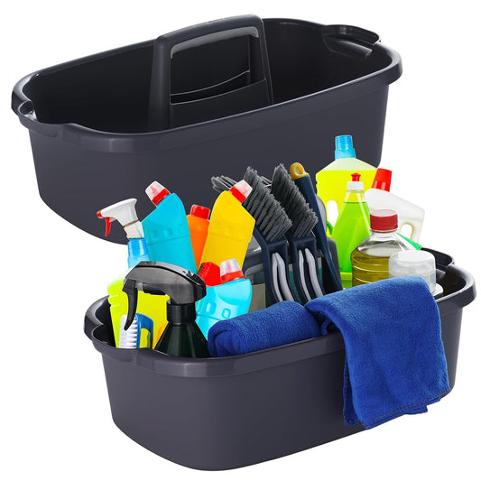 2-Pack Large Gray Cleaning Caddy for Cleaning Supplies with Handle - Portable Plastic Tote Organizer for Shower, Bathroom, Kitchen, Under Sink Storage