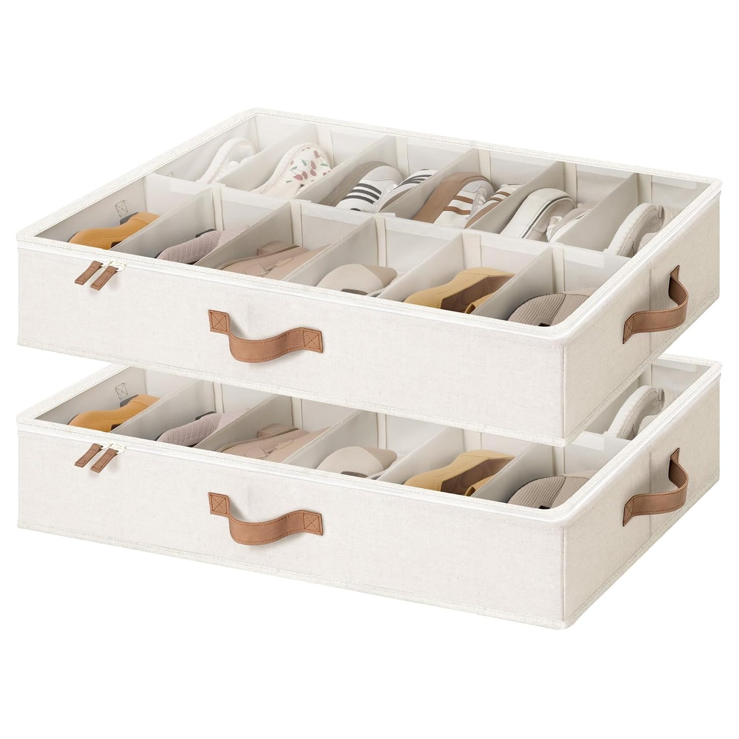 StorageWorks 2-Pack 24-Pair Under Bed Shoe Storage Organizer, Beige | Adjustable Dividers, Up to 12 Pairs Each, 5.25" Height, Fits 6-inch+ Clearance, Clear Top, Soft Handles, For Closet, Bedroom