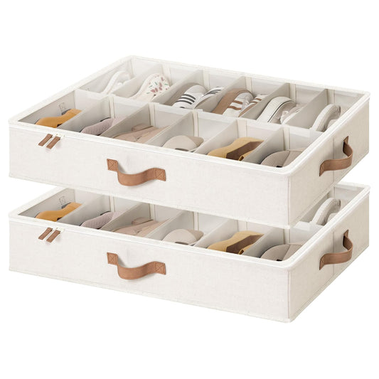 StorageWorks 2-Pack 24-Pair Under Bed Shoe Storage Organizer, Beige | Adjustable Dividers, Up to 12 Pairs Each, 5.25" Height, Fits 6-inch+ Clearance, Clear Top, Soft Handles, For Closet, Bedroom