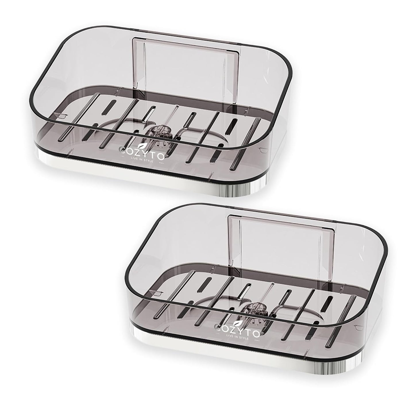 COZYTO DripLux S2 - Magnetic Soap Holder Wall Mount 2-Pack Fast-Draining Adhesive Soap Dish for Bathroom Shower & Kitchen PET Plastic Smoky Quartz & Rose Gold/Platinum Trim (Smoky Quartz & Platinum)