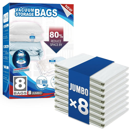TAILI 8 Pack Vacuum Storage Bags, Jumbo Size (31×40 inch), Cream | Vacuum Seal Bags for Clothing, Extra Large Space Saver for Bulky Beddings, Comforters, Blankets, Pillows, Reusable