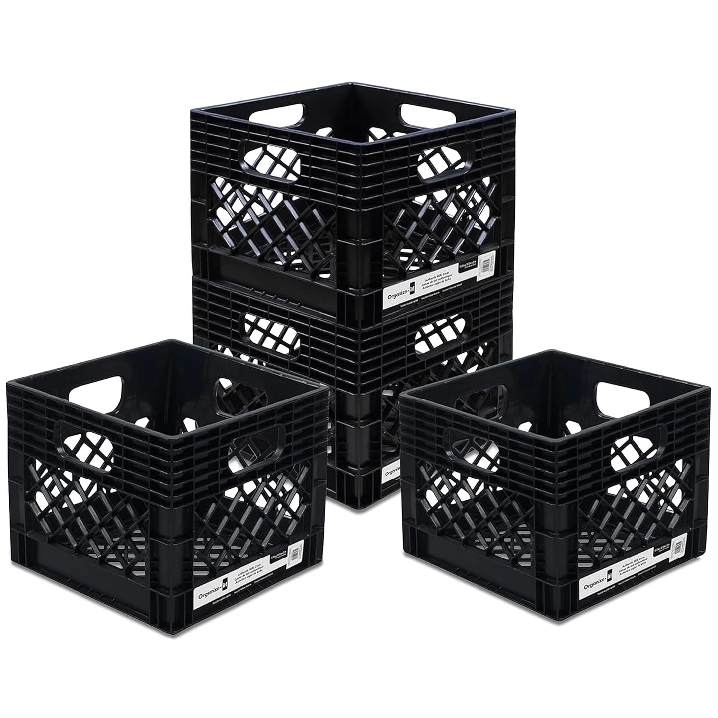 4 Pack Storage Milk Crate, Heavy-Duty Versatile Box, Black | Plastic Open Top Multi-purpose Organizers with Easy-Grip Handles, Interior 12.25"L x 12.25"W x 10.5"H