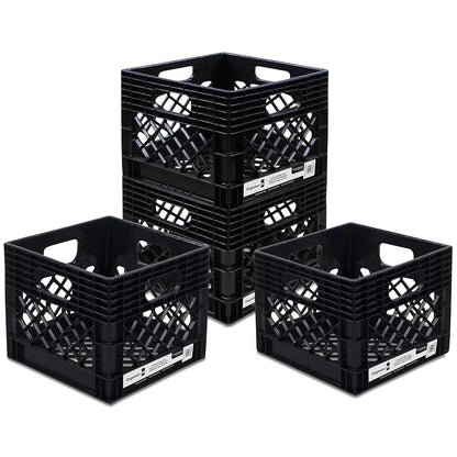 4 Pack Storage Milk Crate, Heavy-Duty Versatile Box, Black | Plastic Open Top Multi-purpose Organizers with Easy-Grip Handles, Interior 12.25"L x 12.25"W x 10.5"H