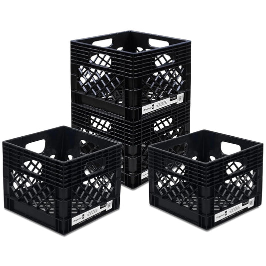 4 Pack Storage Milk Crate, Heavy-Duty Versatile Box, Black | Plastic Open Top Multi-purpose Organizers with Easy-Grip Handles, Interior 12.25"L x 12.25"W x 10.5"H
