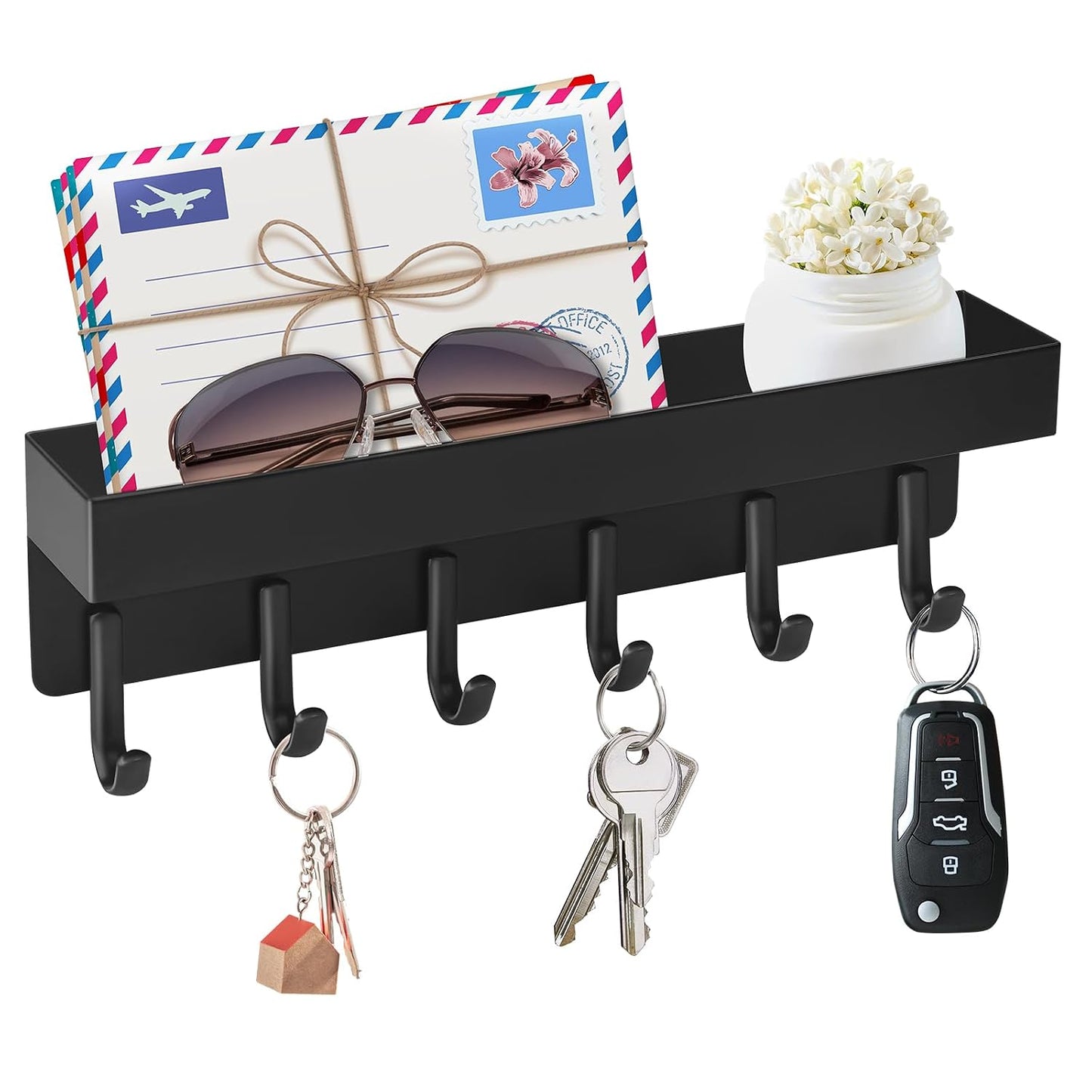 VIS'V Key Holder Wall Mount, Magnetic Key Rack with Tray, 6 Hooks, Black | 2 Mount Options, Metal Material, Compact Discreet Design, for Fridge, Kitchen, Entryway, Hallway, Doorway, Garage, Camper