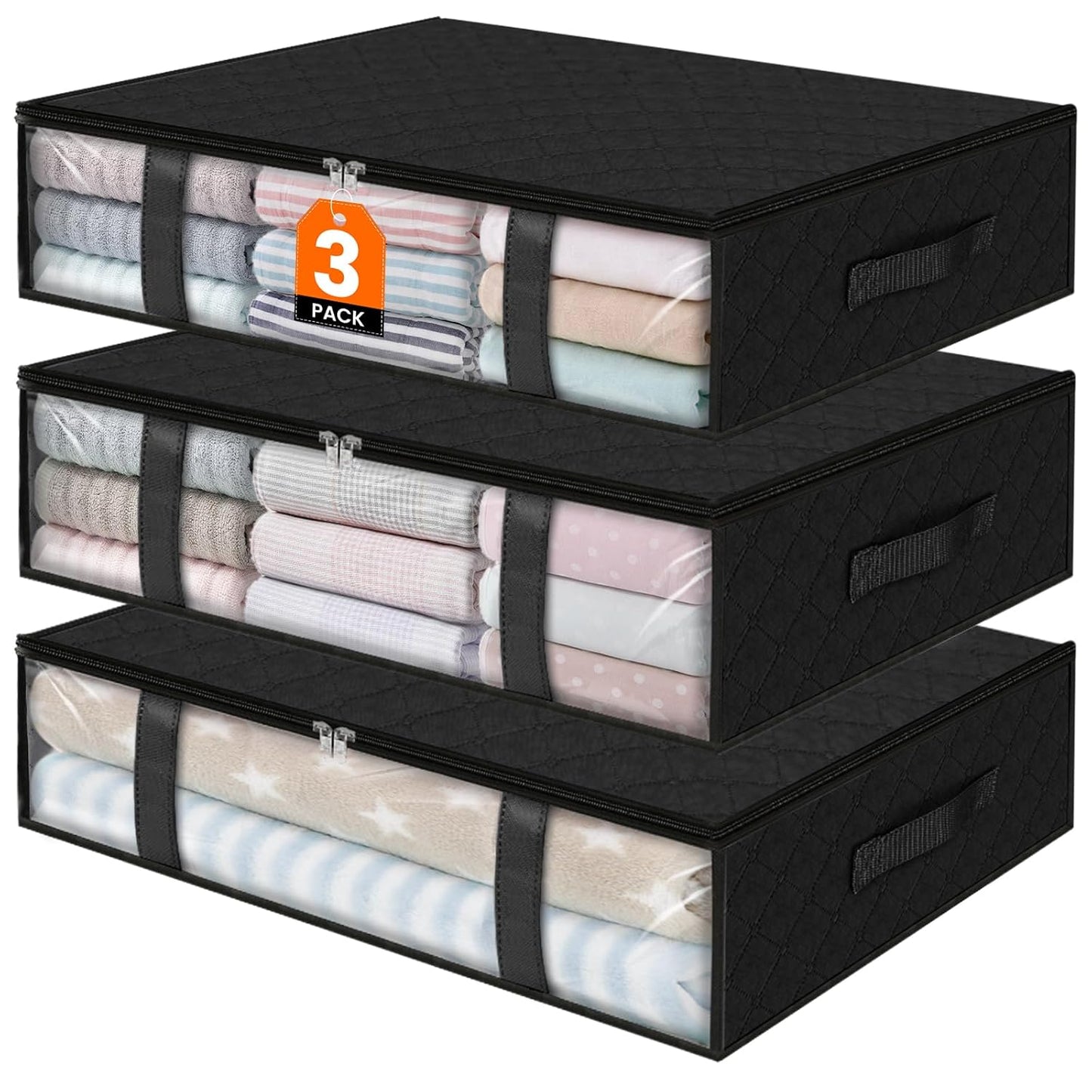 Under Bed Storage Bins, 3-Pack 40L Foldable Fabric Storage Bags with Transparent Window, Breathable Organizer for Clothes/Blanket/Comforter/Quiltr, Black