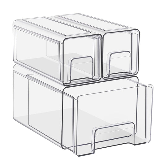 Sorbus 1 Large & 2 Small Clear Stackable Storage Drawers, Plastic Organizer Bins with Handles, Pull-Out Stackable Drawers for Bathroom Closet, Medicine, Cabinet, Pantry Storage, Baby Bottle Organizer