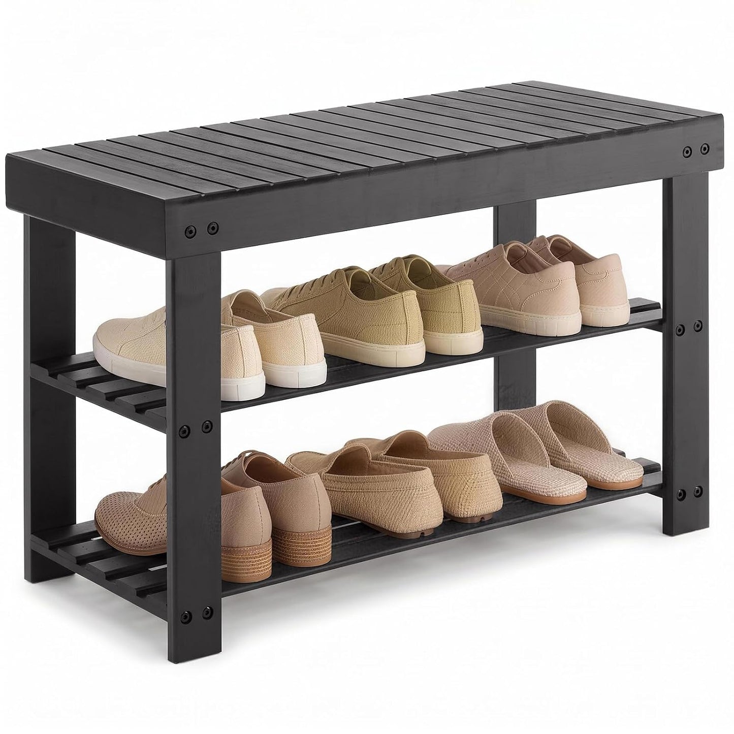 Shoe Rack Bench, 3-Tier Bamboo Shoe Organizer, Woo... (Black | Wood)