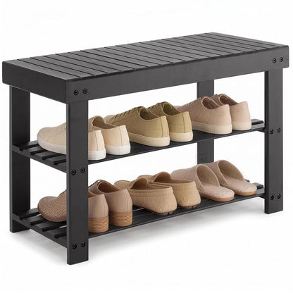 Shoe Rack Bench, 3-Tier Bamboo Shoe Organizer, Woo... (Black | Wood)