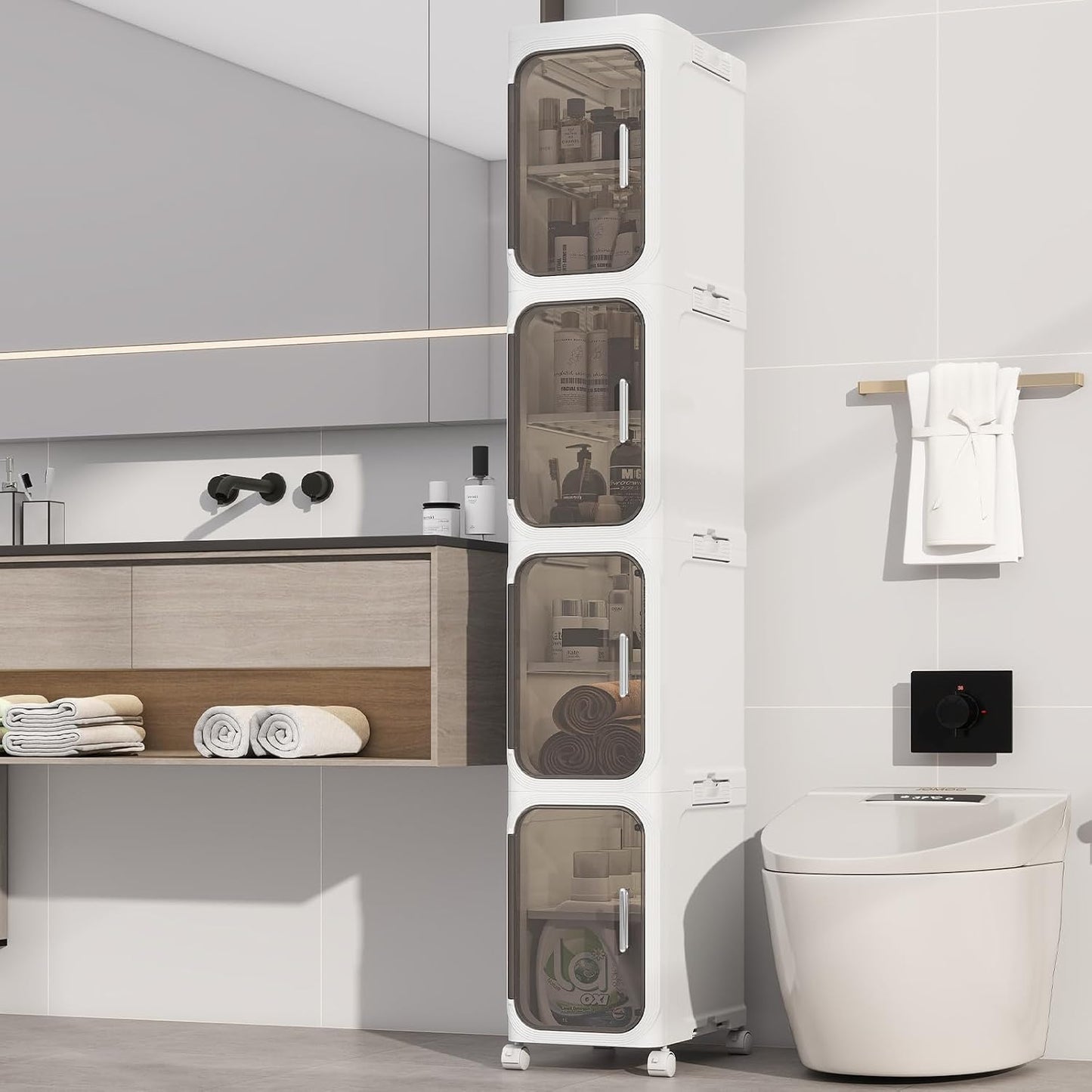 4 Tier Slim Bathroom Storage Cabinet, Foldable and Movable, White | Tools Free, ABS and PET, Magnetic Clear Door, Adjustable Shelves, Lockable Wheels, Water Resistant, For Narrow Space