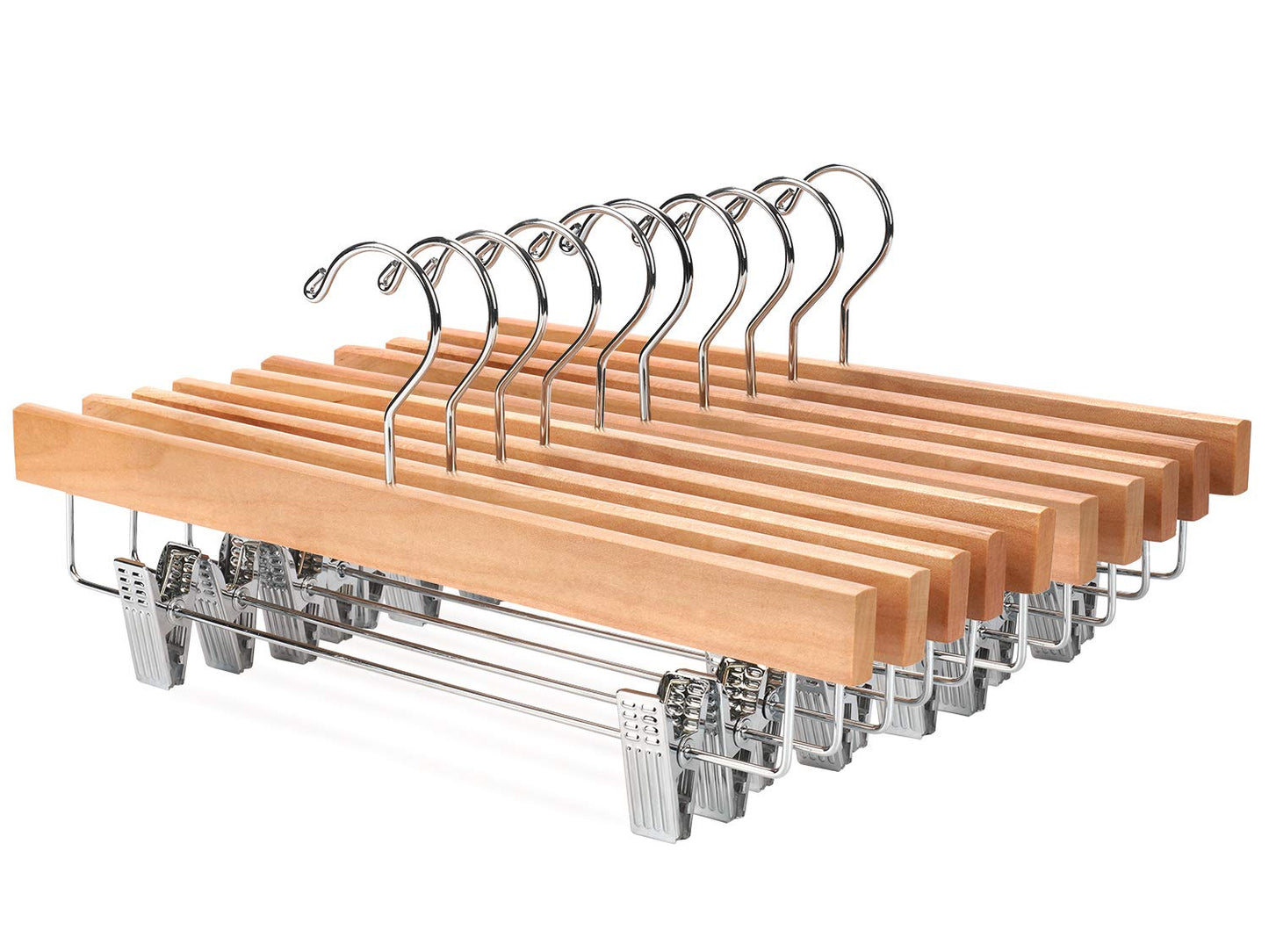 Nature Smile Wooden Pants Skirt Hangers with Clips, Natural, Pack of 10 | Lotus Wood Bottom Jeans Skirt Hanger with Anti Rust Hook