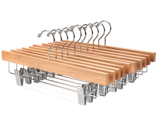 Nature Smile Wooden Pants Skirt Hangers with Clips, Natural, Pack of 10 | Lotus Wood Bottom Jeans Skirt Hanger with Anti Rust Hook