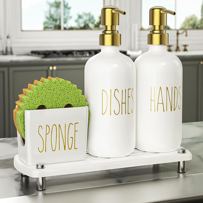 Kitchen Soap Dispenser Set Comes with Ceramics Sponge Holder, Gold Pumps, and Instant Dry Tray, Hand and Dish Soap Dispenser Set, Kitchen Decor and Accessories for Countertop Organizer